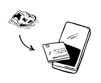Ein gezeichnetes Handy in schwarzweiß. Es liegt auf dem Rücken mit halb entferntem Akku.