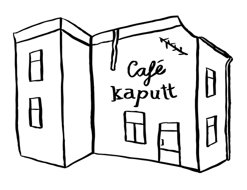 Das Bild ist eine schwarzweiß Illustration. Sie zeigt das Haus des Café kaputt.