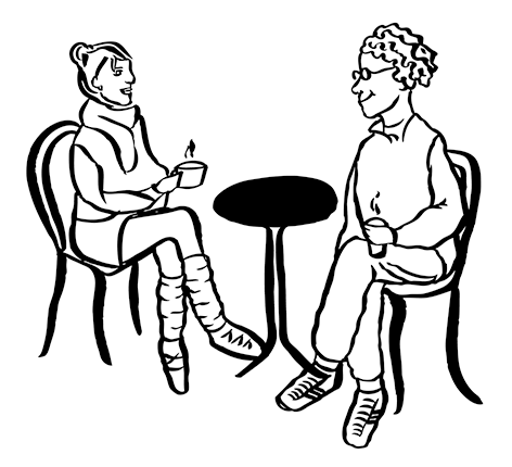 Eine schwarzweiß Illustration. Sie zeigt einen Mann und Frau. Zusammen sitzen sie an einem kleinen, runden Tisch und trinken Kaffee.