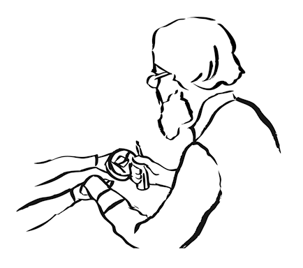 Eine schwarz-weiß Illustration von einem Mann, den man von hinten sieht. Er hält verschiedene Gegenstände in der Hand.