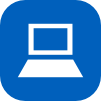 Icon: Weißer, gezeichneter Computer in einem blauen Viereck.