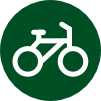 Icon: Weißes, gezeichnetes Fahrrad in einem dunkelgrünen Kreis.