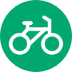 Icon: Weißes, gezeichnetes Fahrrad in einem hellgrünen Kreis.