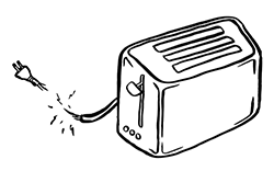Das Bild zeigt eine Zeichnung eines Toasters, der ein kaputtes Kabel hat.