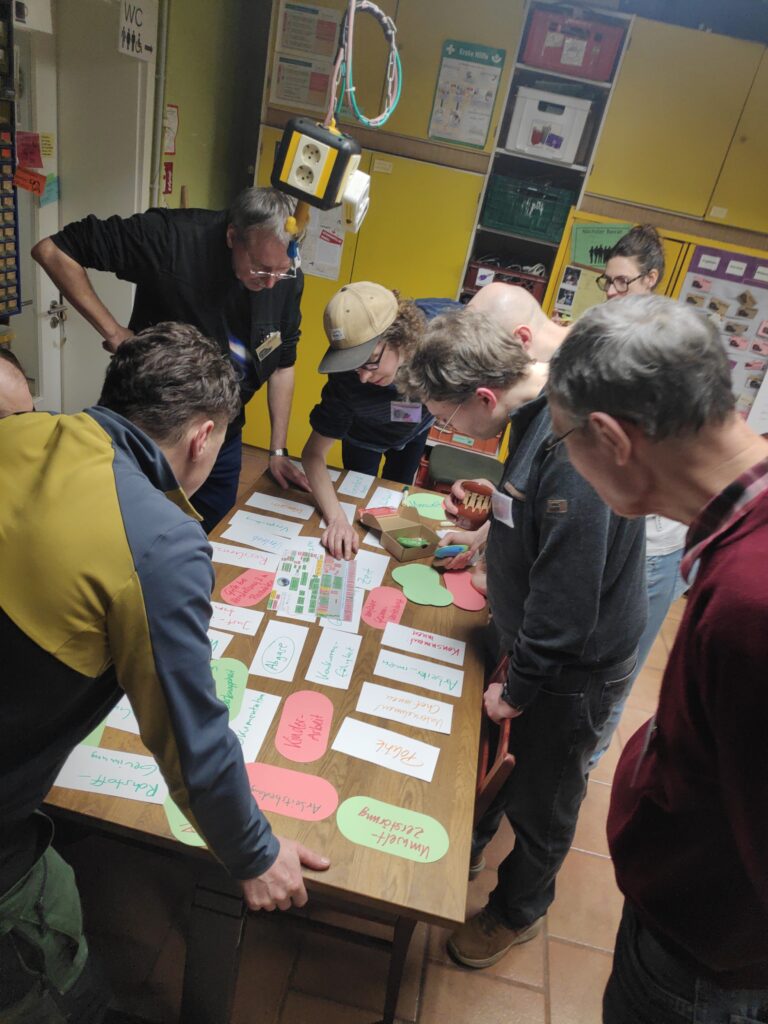 Menschen stehen um einen Tisch mit verschiedenen Karten.