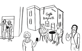 Zeichung, die zeigt: Viele verschiedene Menschen vor dem Café kaputt, die sich bei einem Kaffee unterhalten oder etwas reparieren wollen, wie Smartphone oder Kopfhörer oder Toaster.