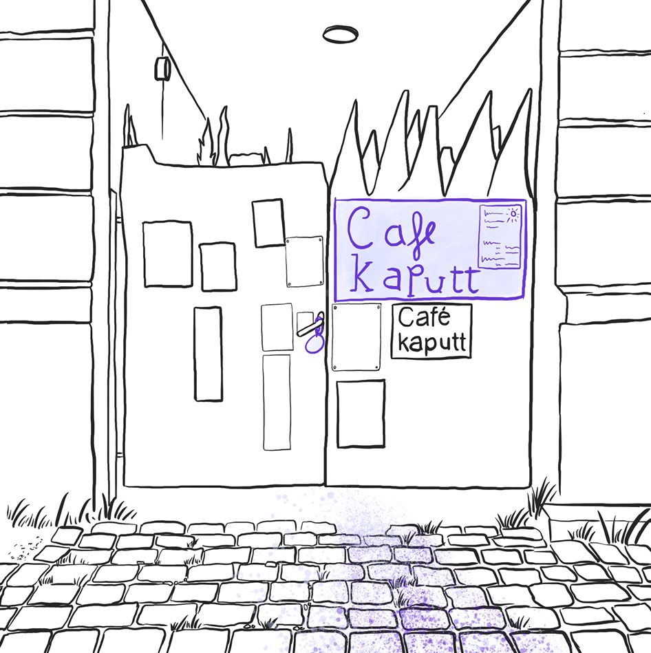 Das Bild zeigt eine Zeichnung vom Tor des Eingang zum Café kaputt. Das Schild vom Café kaputt ist lila gefärbt.
