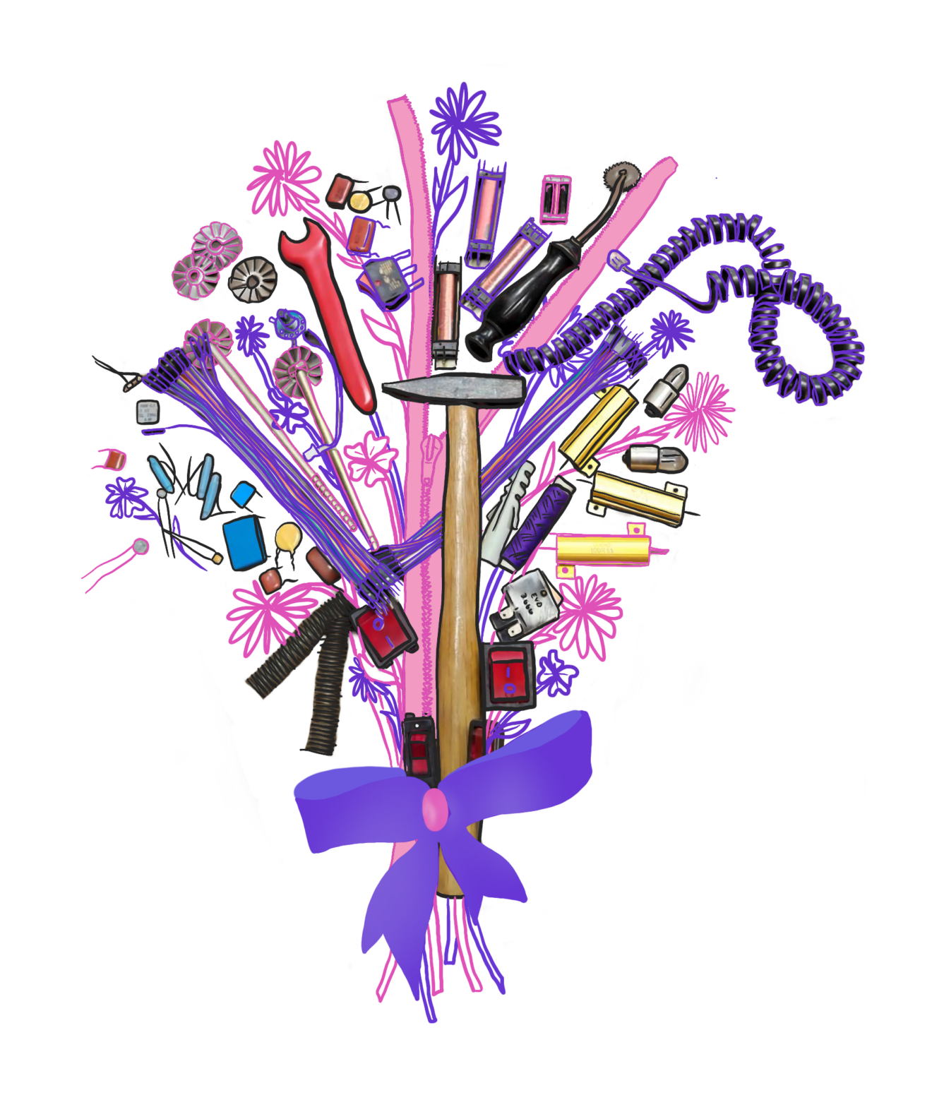 Zeichnung eines bunten Blumenstraußes aus pinken und lila Blumen und verschiedenen Werkzeugen, wie Hammer, Maulschlüssel, und Ersatzteilen, wie Kabeln und Reißverschlüsseln, mit einer lila Schleife zusammengebunden.