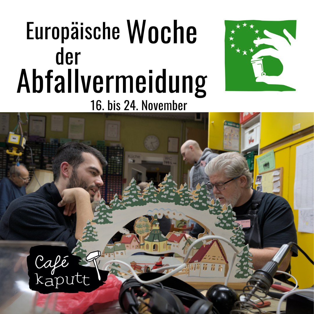 Ein Bild eines unserer Posts zur Europäischen Woche der Abfallvermeidung, welches zwei Personen bei einer Schwippbogenreparatur im Café kaputt zeigt.
