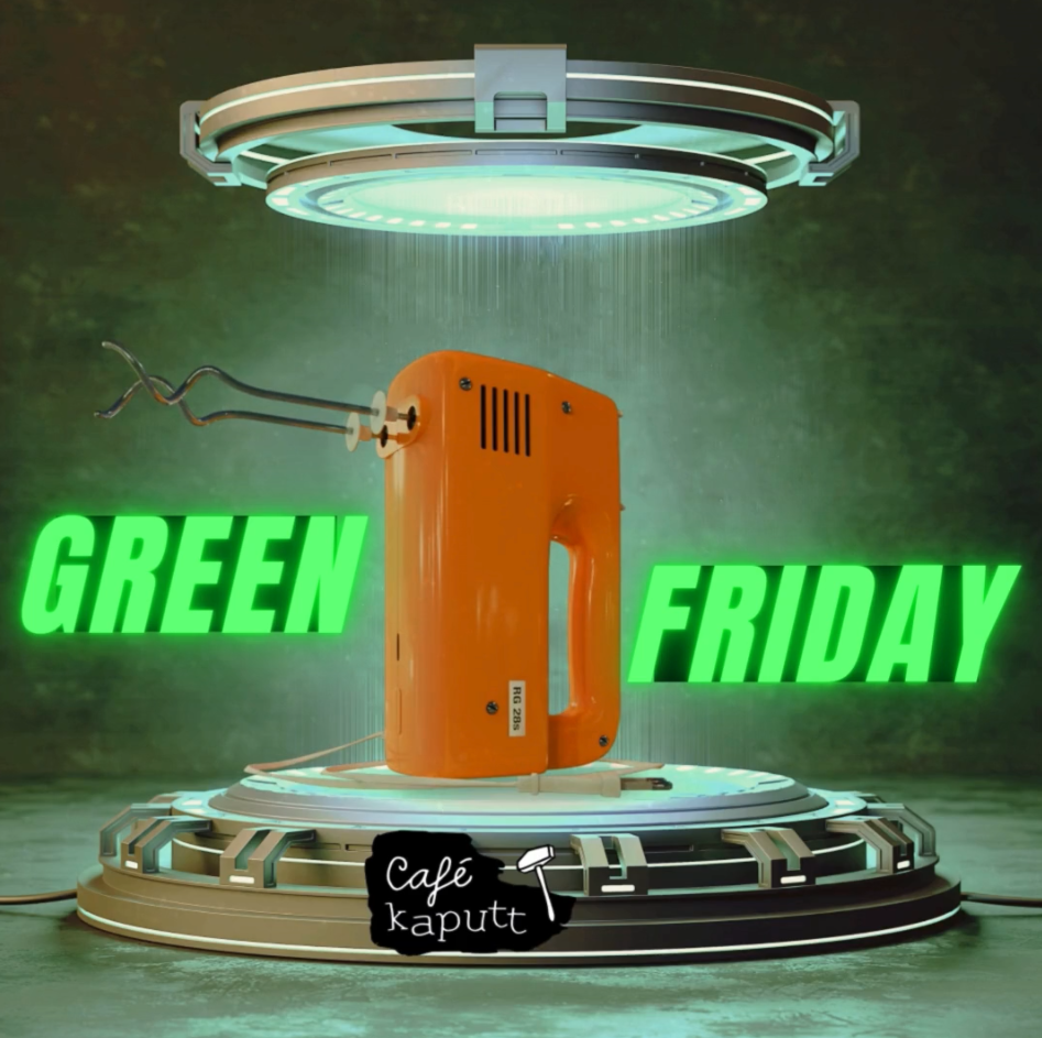 Das Bild zeigt den Ausschnitt unseres Posts zur Green Friday Aktions-Nachmittag:  ein RG28 Rührgerät als Hologramm, welches sich dreht und den Leuchtschriftzug Green Friday sowie das Café kaputt Logo.