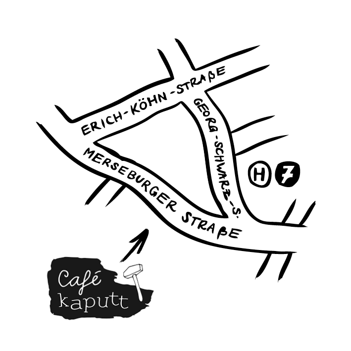 Zeichnung einer Karte, wo sich das Café kaputt befindet.